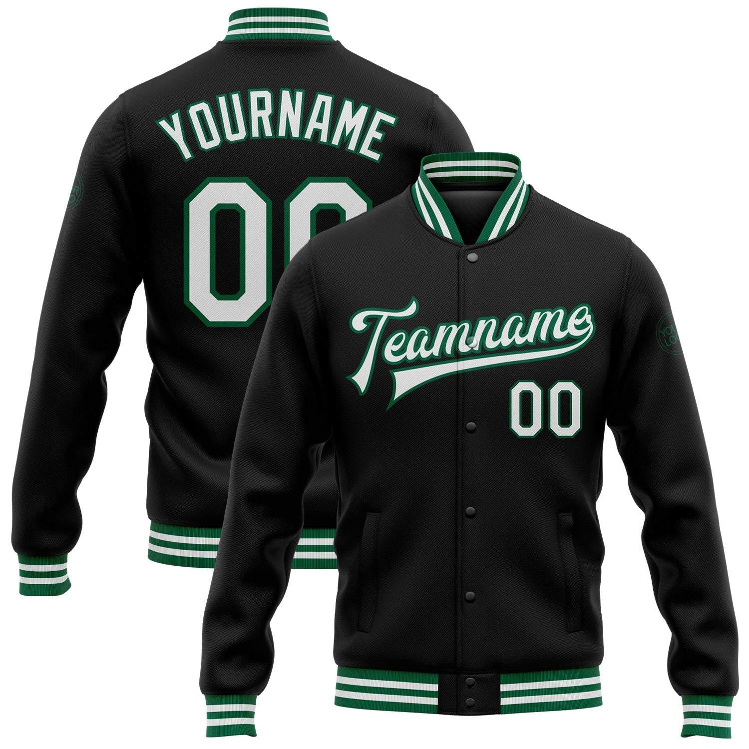 Custom Black White-Kelly Green Bomber Full-Snap Varsity Letterman Jacket - Main View