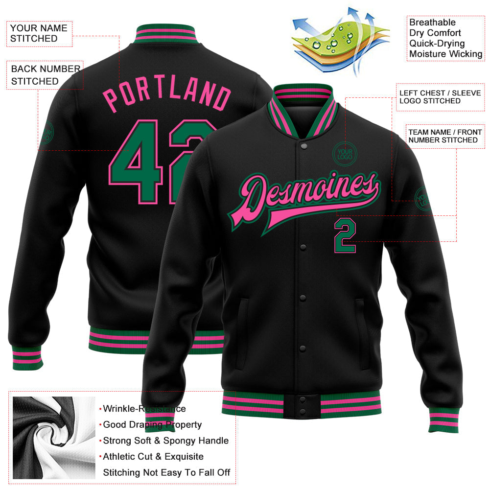 Custom Black Kelly Green-Pink Bomber Full-Snap Varsity Letterman Jacket view 5