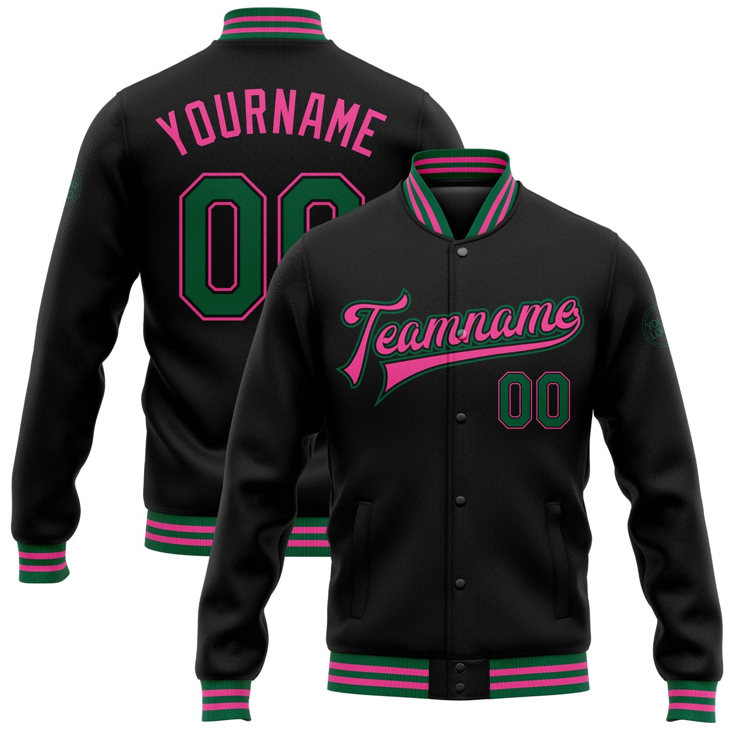 Custom Black Kelly Green-Pink Bomber Full-Snap Varsity Letterman Jacket - Main View