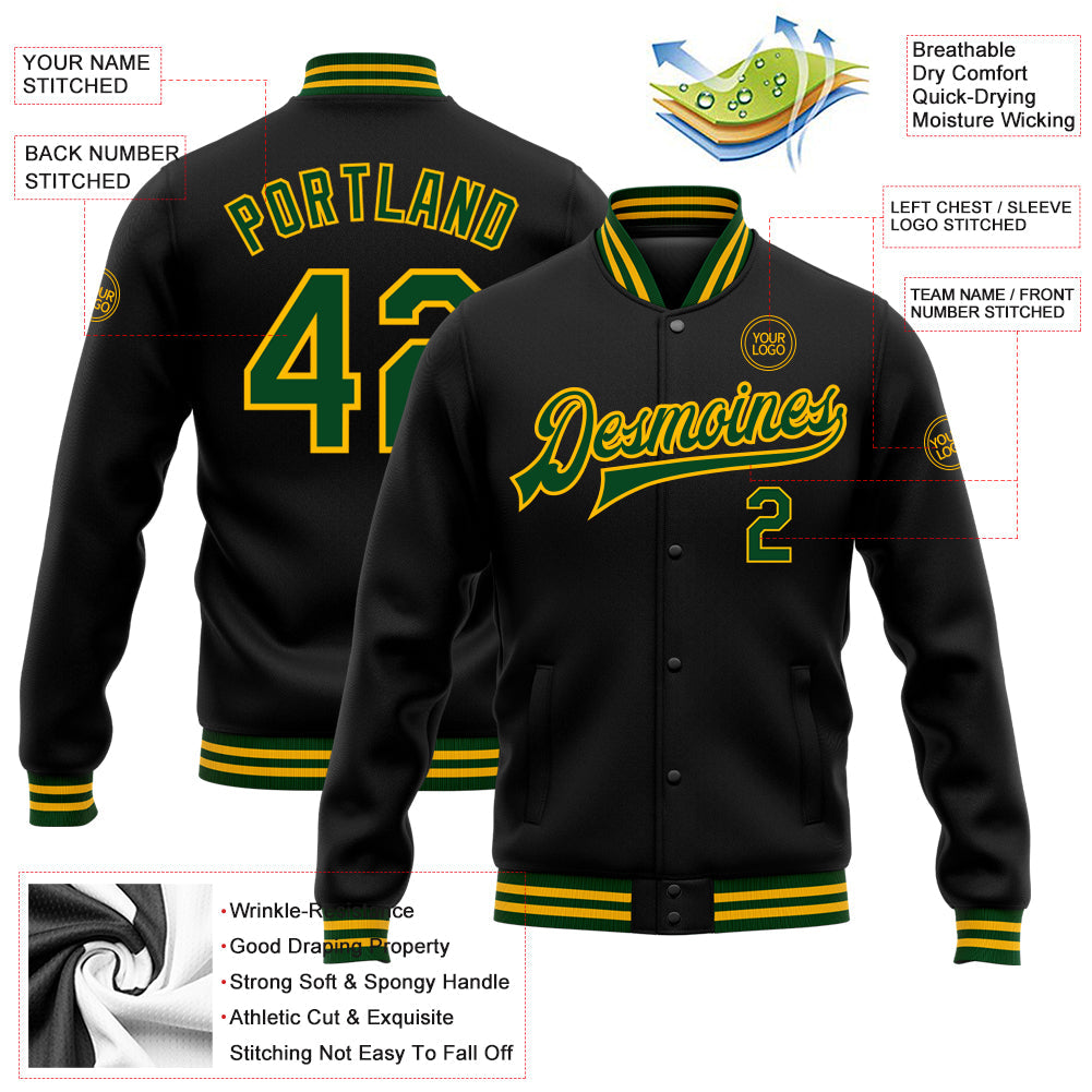 Custom Black Green-Gold Bomber Full-Snap Varsity Letterman Jacket view 5