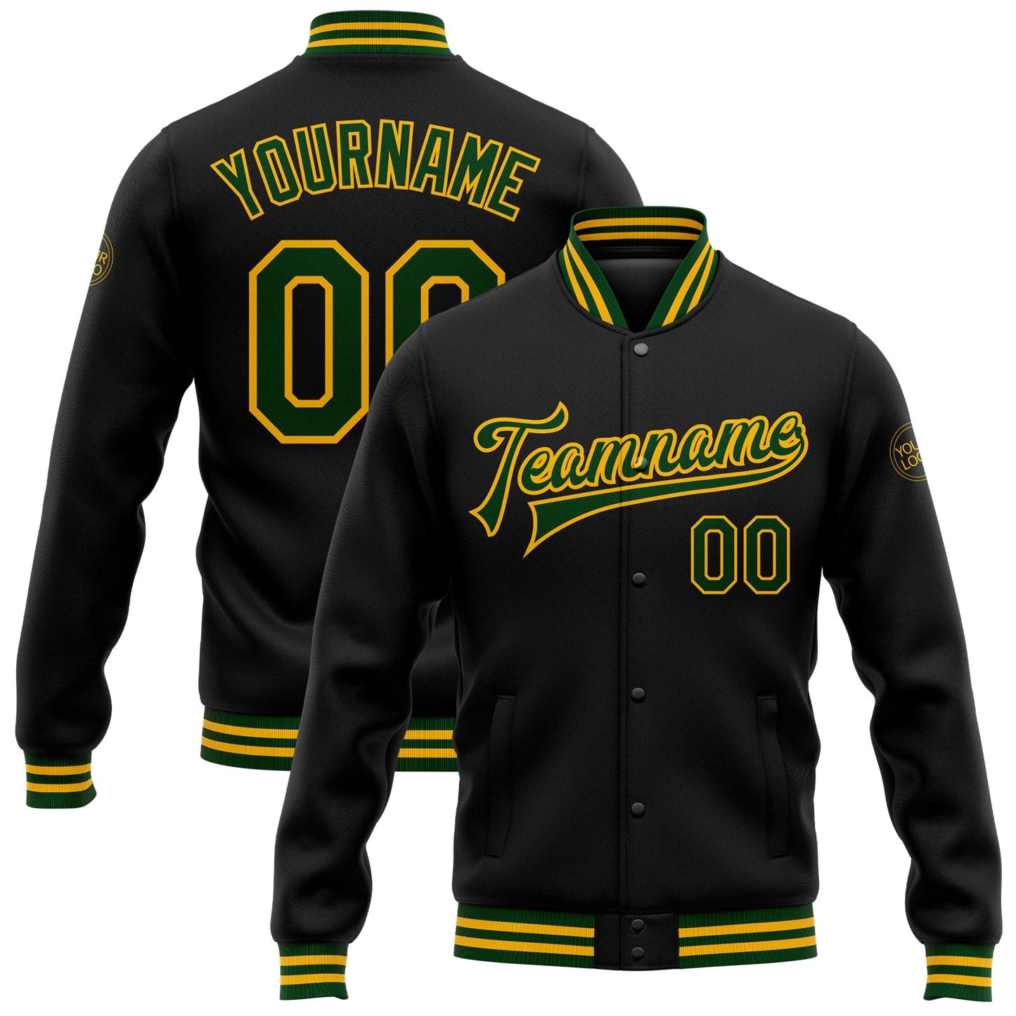 Custom Black Green-Gold Bomber Full-Snap Varsity Letterman Jacket - Main View