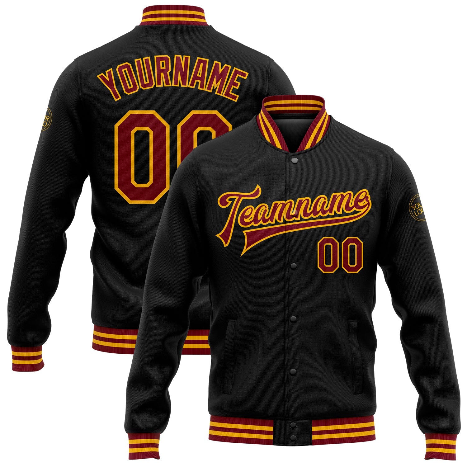 Custom Black Crimson-Gold Bomber Full-Snap Varsity Letterman Jacket - Main View
