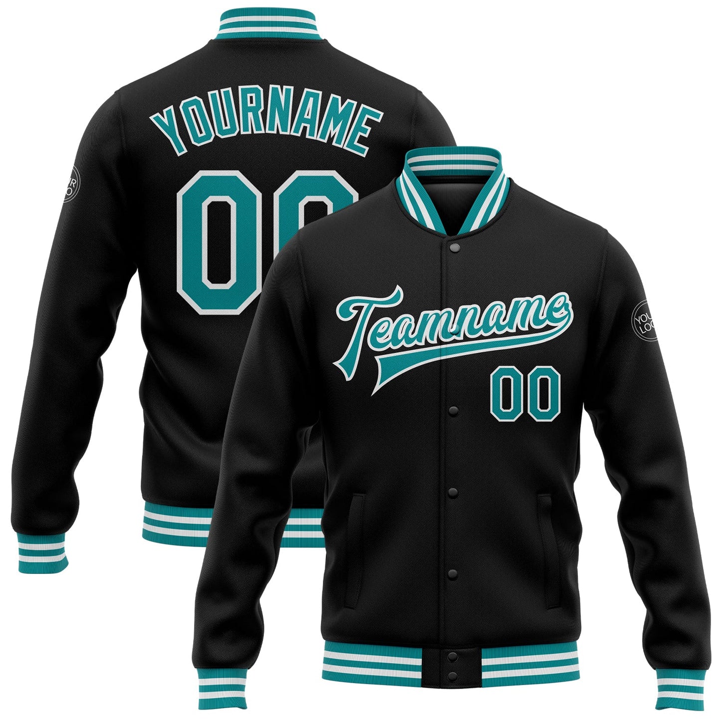 Custom Black Teal-White Bomber Full-Snap Varsity Letterman Jacket - Main View