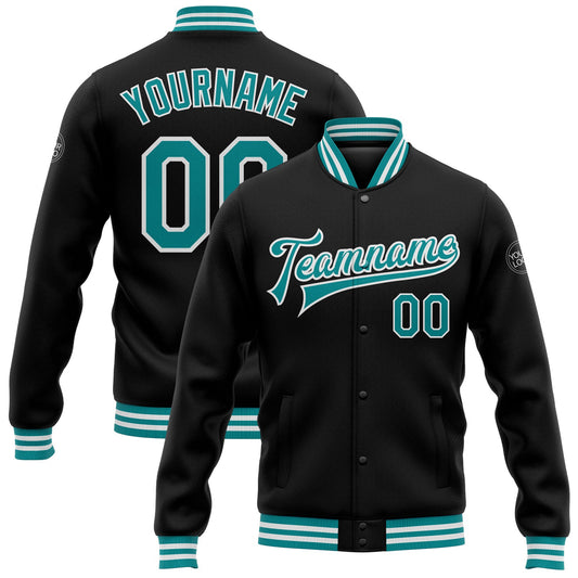 Custom Black Teal-White Bomber Full-Snap Varsity Letterman Jacket - Main View