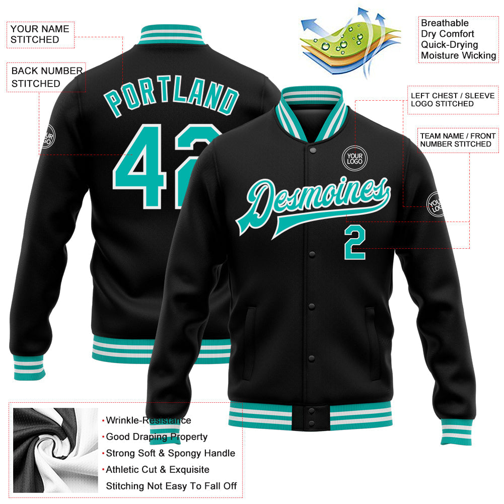 Custom Black Aqua-White Bomber Full-Snap Varsity Letterman Jacket view 5
