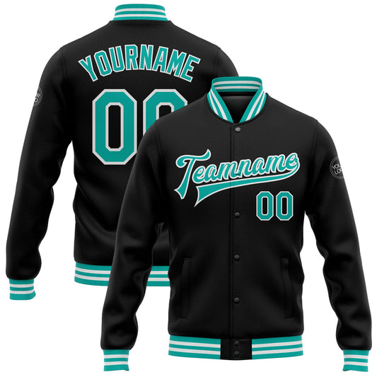 Custom Black Aqua-White Bomber Full-Snap Varsity Letterman Jacket - Main View