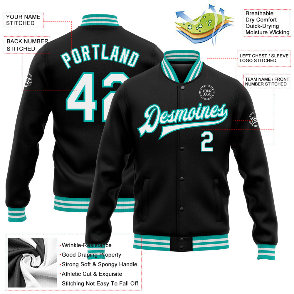 Custom Black White-Aqua Bomber Full-Snap Varsity Letterman Jacket view 5