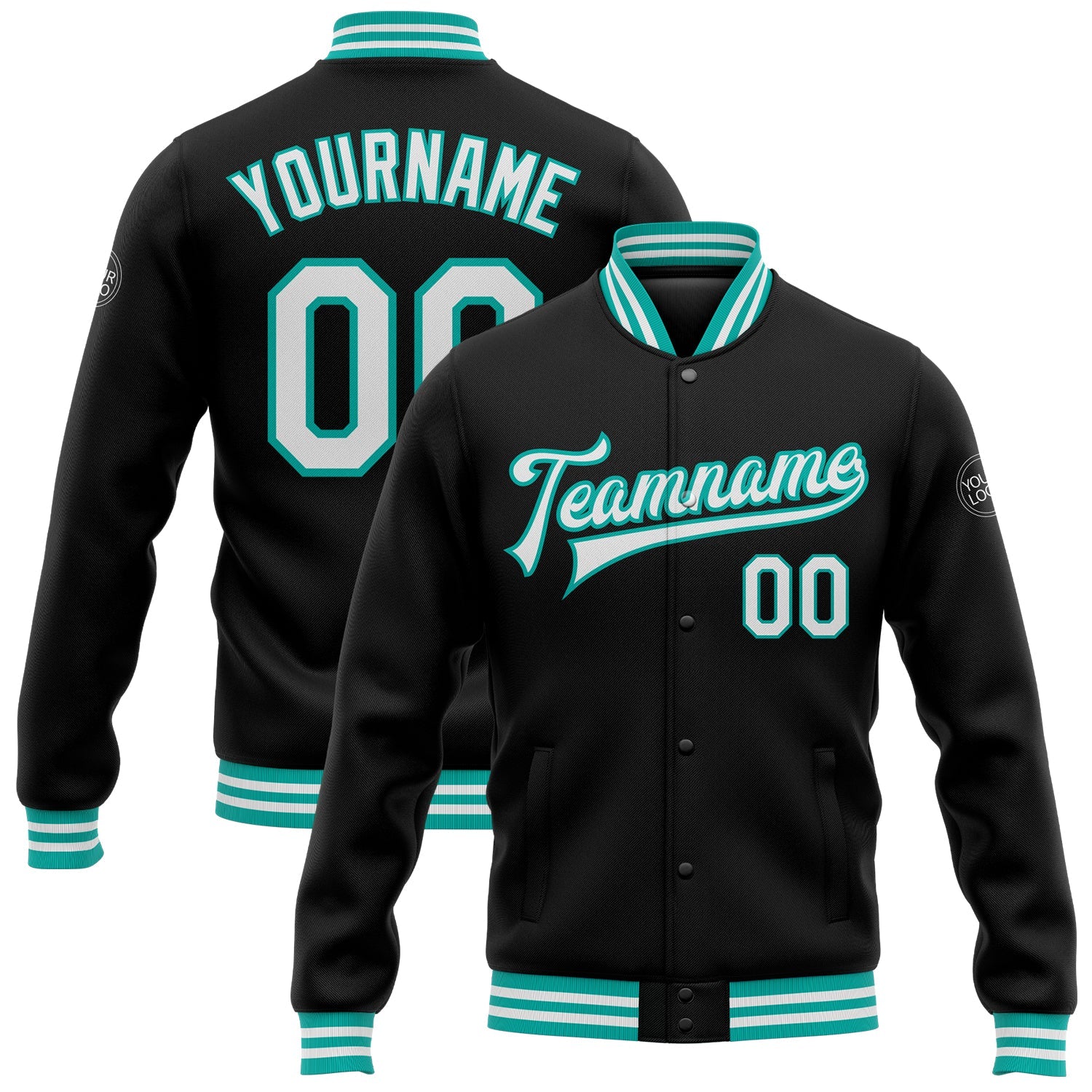 Custom Black White-Aqua Bomber Full-Snap Varsity Letterman Jacket - Main View