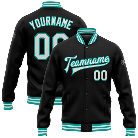Custom Black White-Aqua Bomber Full-Snap Varsity Letterman Jacket - Main View