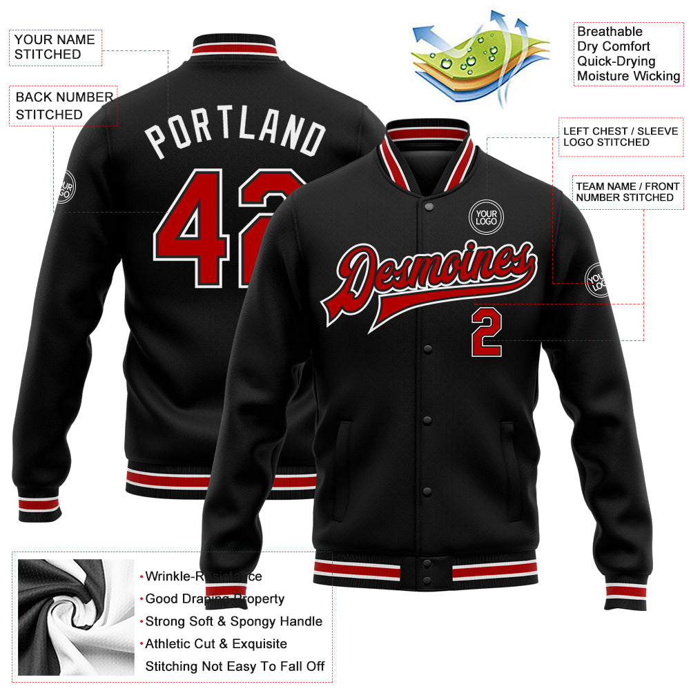 Custom Black Red-White Bomber Full-Snap Varsity Letterman Jacket view 5