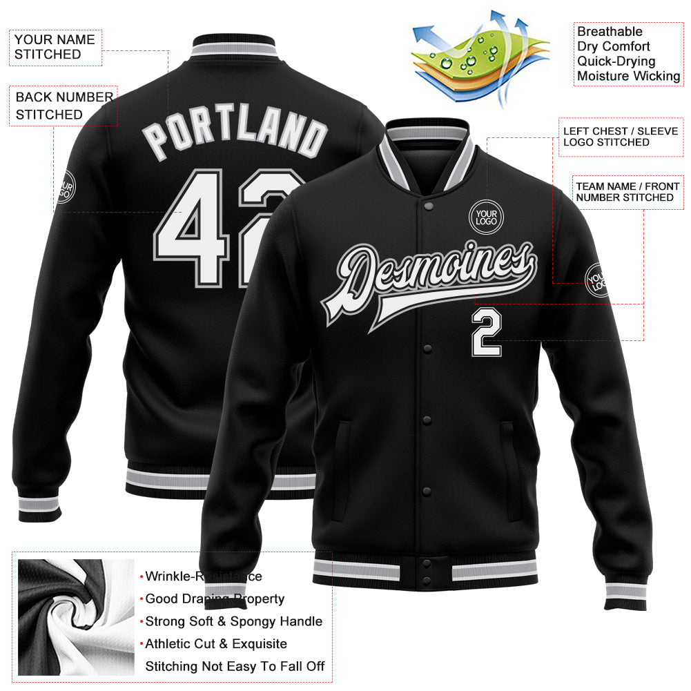 Custom Black White-Gray Bomber Full-Snap Varsity Letterman Jacket view 5