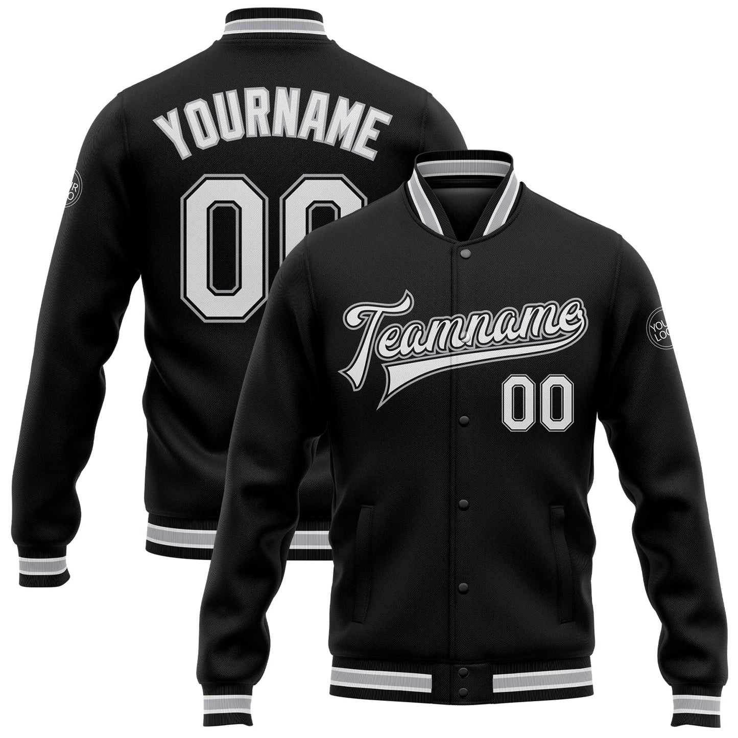 Custom Black White-Gray Bomber Full-Snap Varsity Letterman Jacket - Main View