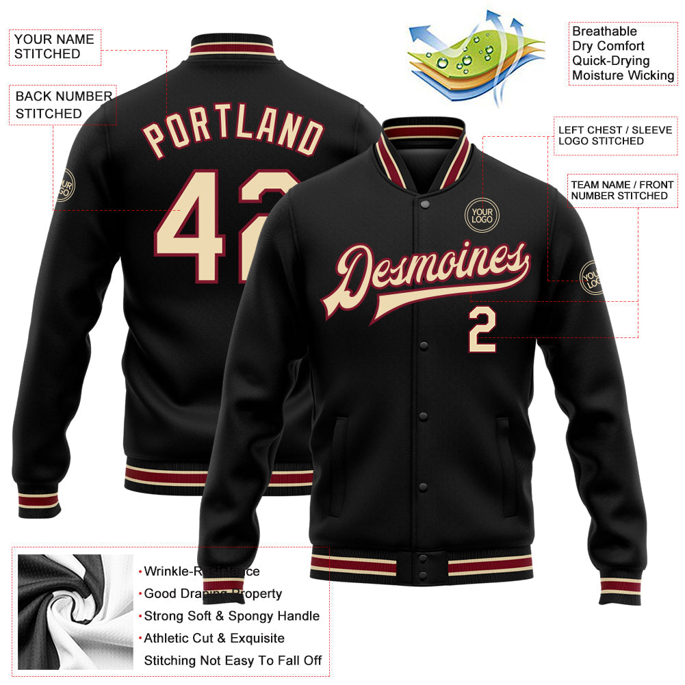 Custom Black City Cream-Crimosn Bomber Full-Snap Varsity Letterman Jacket view 5