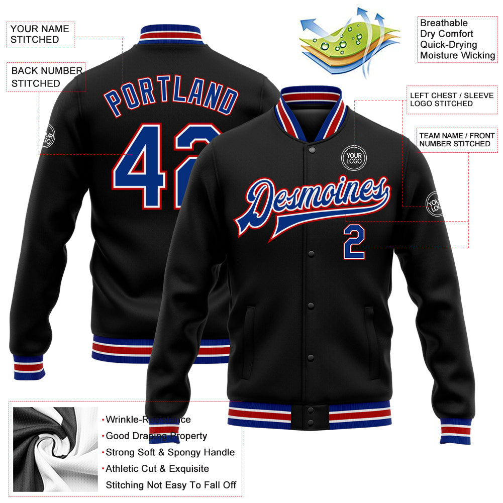 Custom Black Royal-Red Bomber Full-Snap Varsity Letterman Jacket view 5
