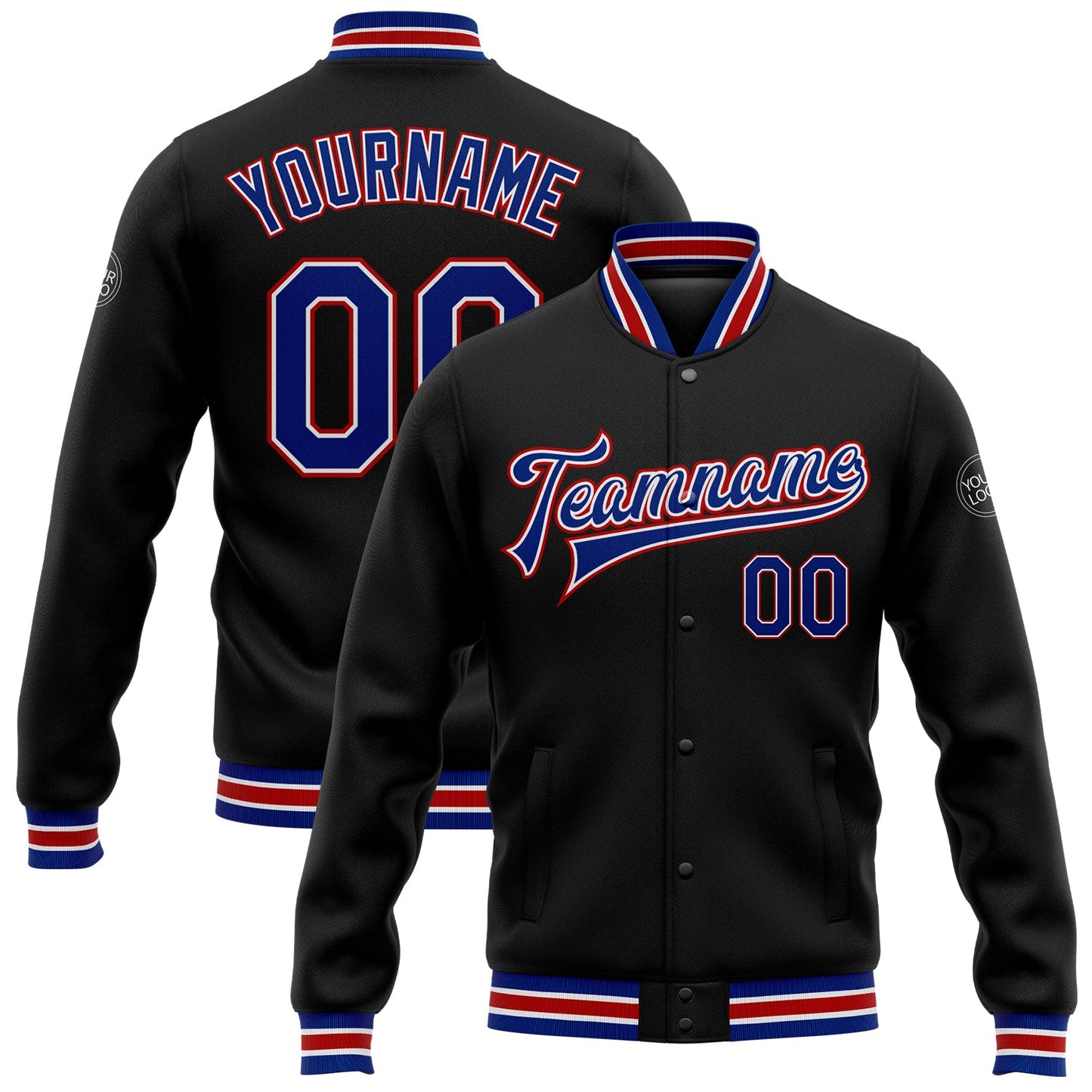 Custom Black Royal-Red Bomber Full-Snap Varsity Letterman Jacket - Main View