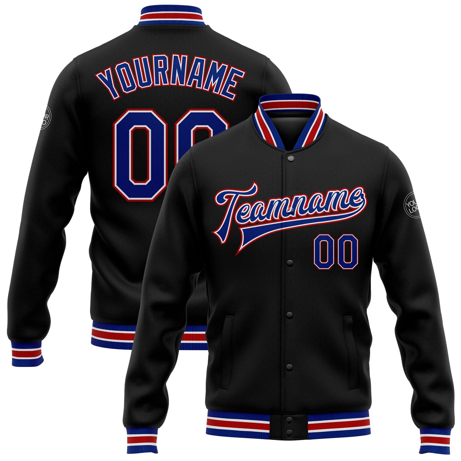 Custom Black Royal-Red Bomber Full-Snap Varsity Letterman Jacket - Main View