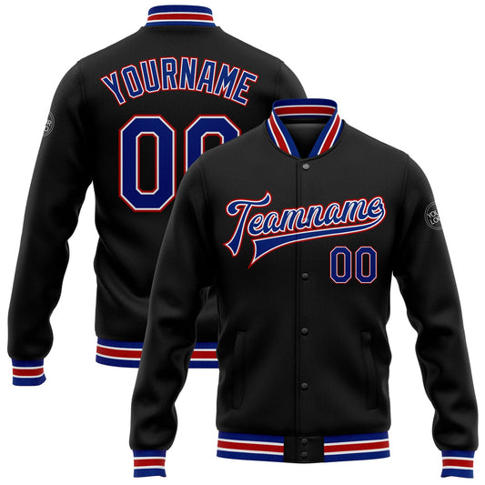 Custom Black Royal-Red Bomber Full-Snap Varsity Letterman Jacket - Main View