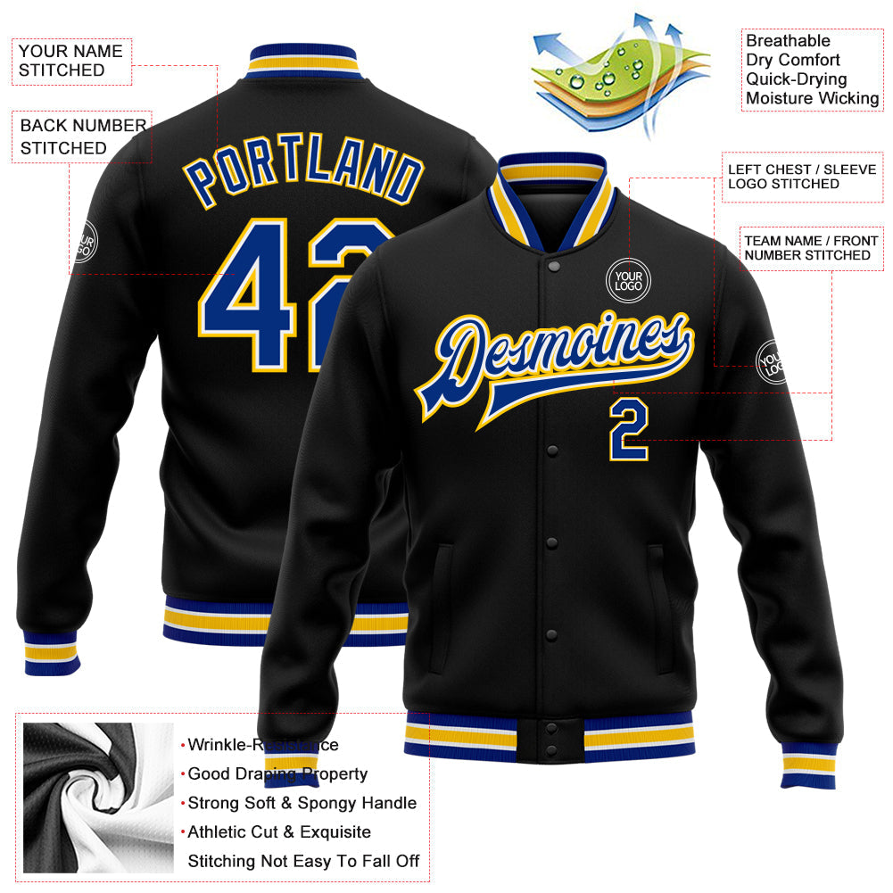 Custom Black Royal-Yellow Bomber Full-Snap Varsity Letterman Jacket view 5