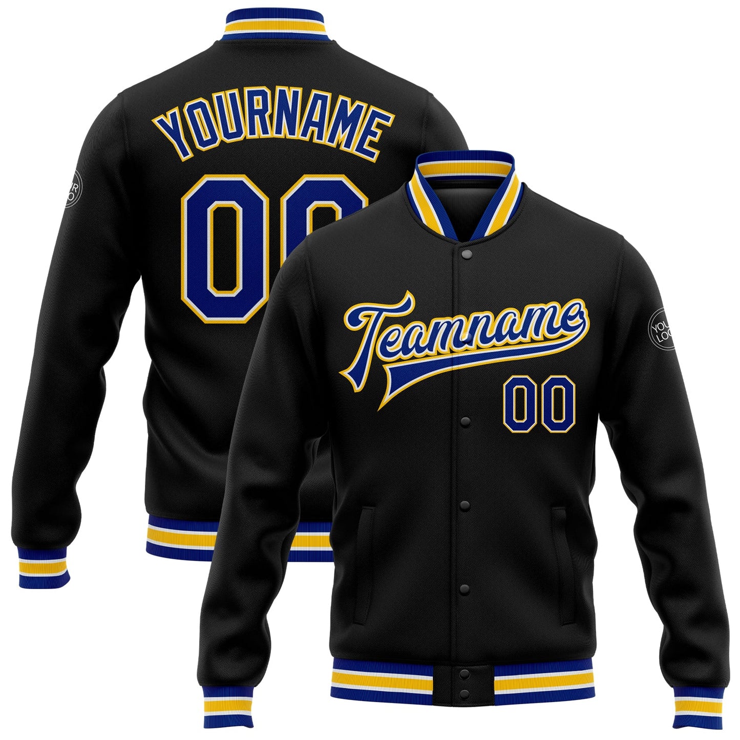 Custom Black Royal-Yellow Bomber Full-Snap Varsity Letterman Jacket - Main View