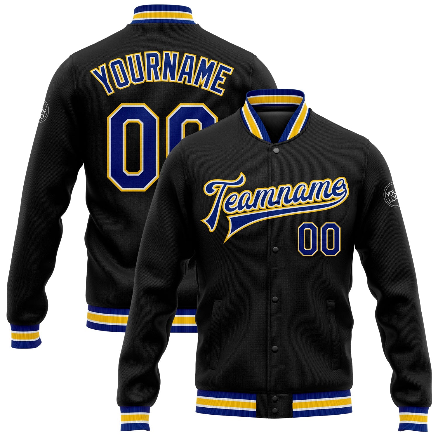Custom Black Royal-Yellow Bomber Full-Snap Varsity Letterman Jacket - Main View