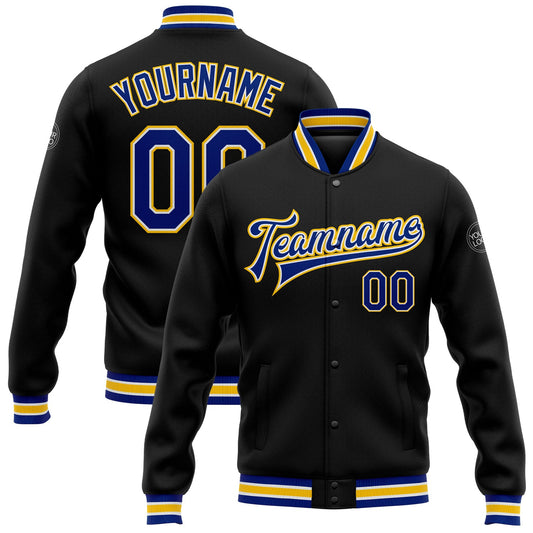 Custom Black Royal-Yellow Bomber Full-Snap Varsity Letterman Jacket - Main View