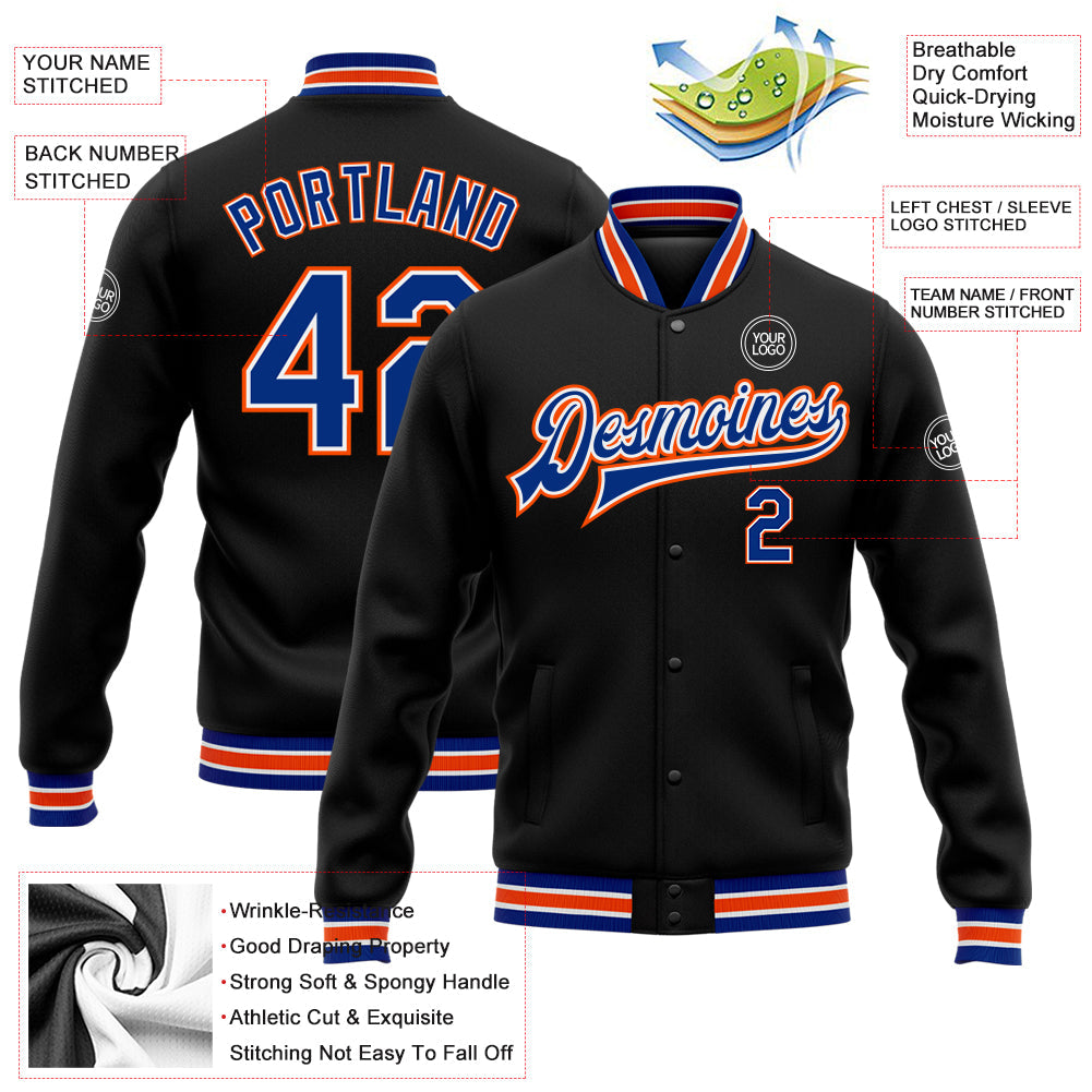 Custom Black Royal-Orange Bomber Full-Snap Varsity Letterman Jacket view 5