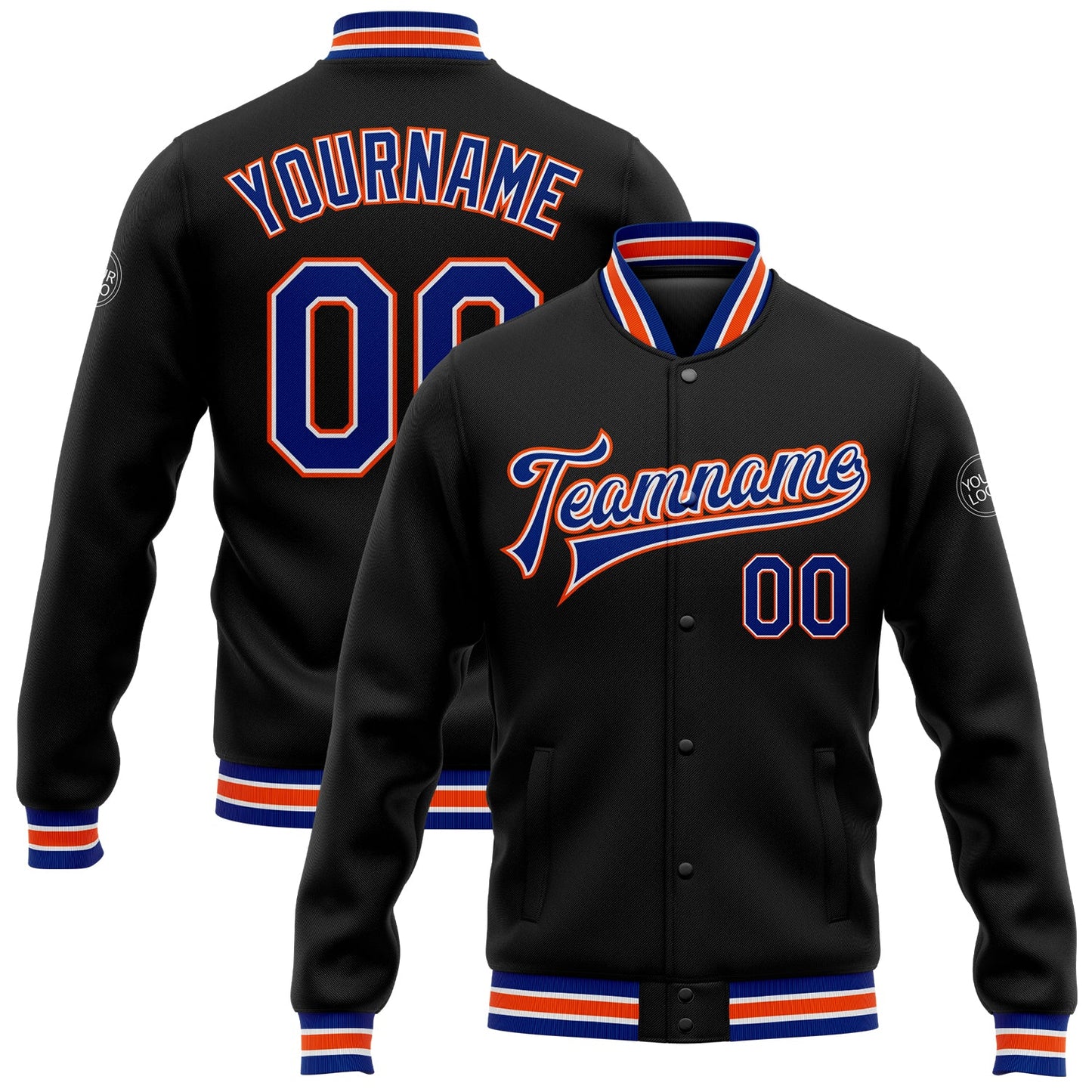 Custom Black Royal-Orange Bomber Full-Snap Varsity Letterman Jacket - Main View