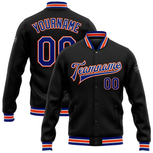 Custom Black Royal-Orange Bomber Full-Snap Varsity Letterman Jacket - Main View