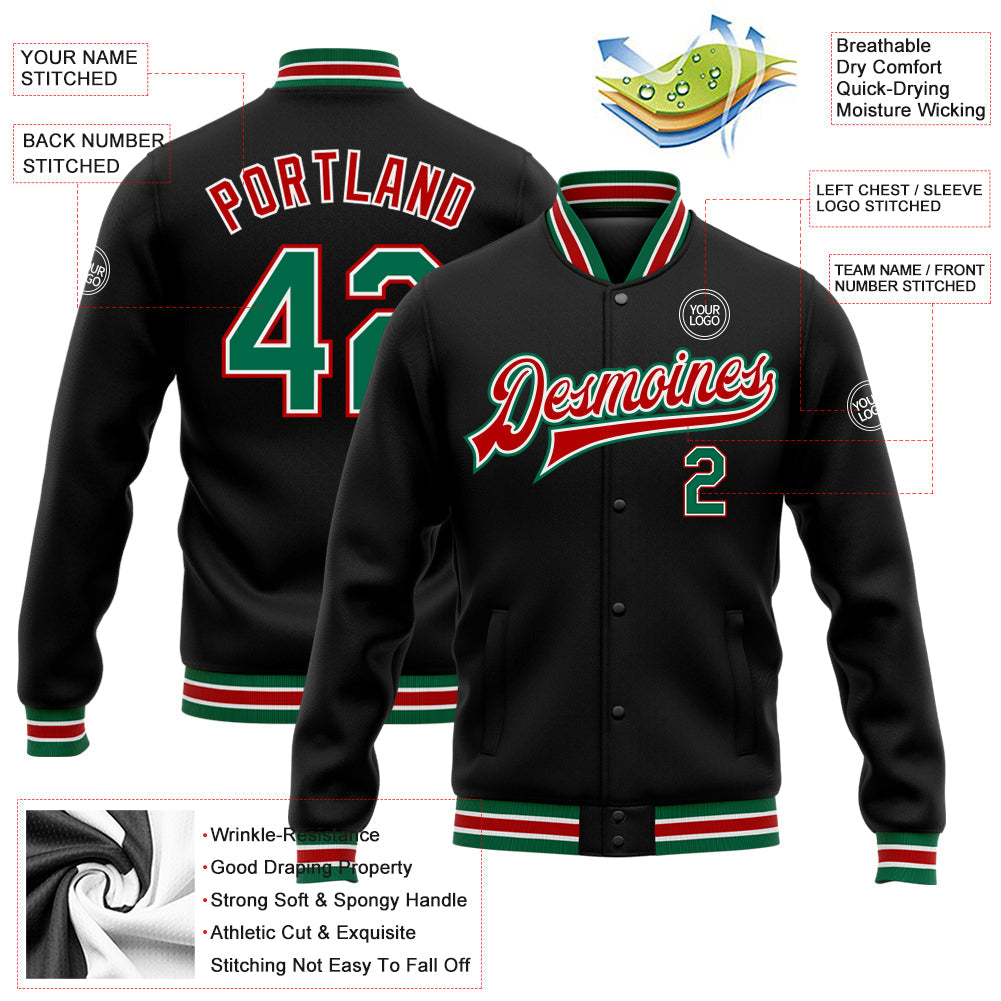 Custom Black Kelly Green-Red Bomber Full-Snap Varsity Letterman Jacket view 5