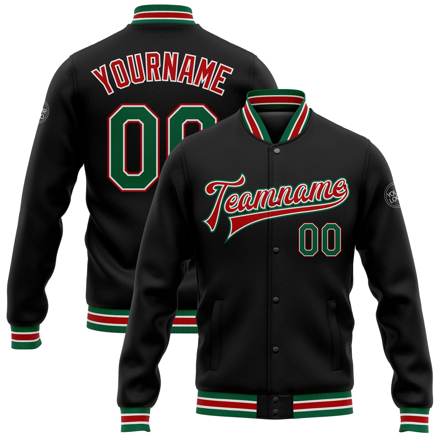 Custom Black Kelly Green-Red Bomber Full-Snap Varsity Letterman Jacket - Main View
