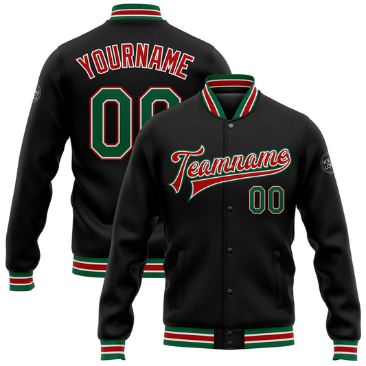 Custom Black Kelly Green-Red Bomber Full-Snap Varsity Letterman Jacket - Main View