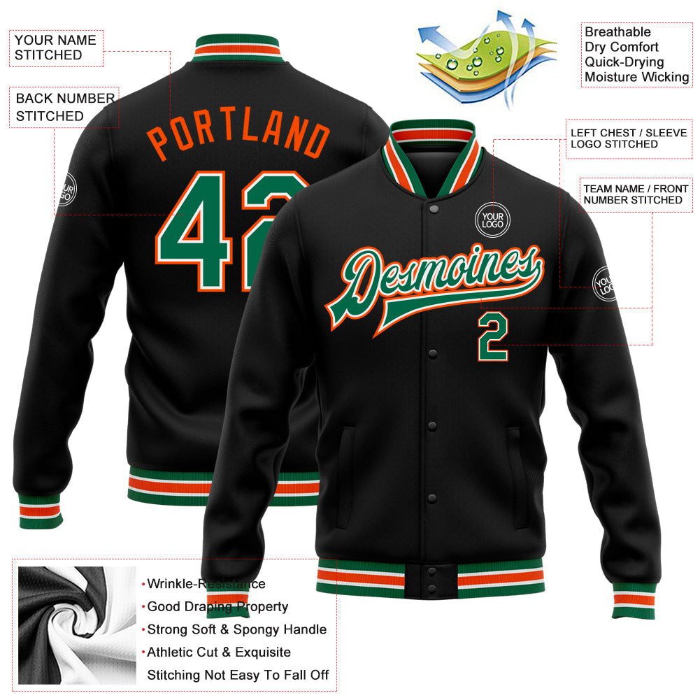 Custom Black Kelly Green-Orange Bomber Full-Snap Varsity Letterman Jacket view 5