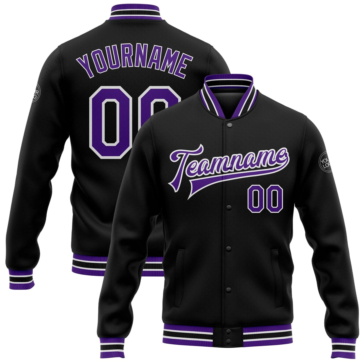 Custom Black Purple-White Bomber Full-Snap Varsity Letterman Jacket - Main View