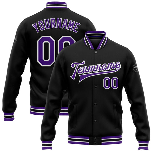 Custom Black Purple-White Bomber Full-Snap Varsity Letterman Jacket - Main View