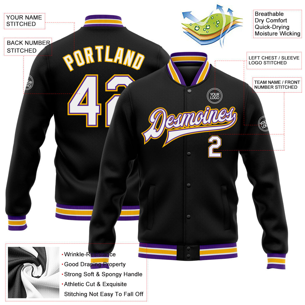 Custom Black White Purple-Gold Bomber Full-Snap Varsity Letterman Jacket view 5