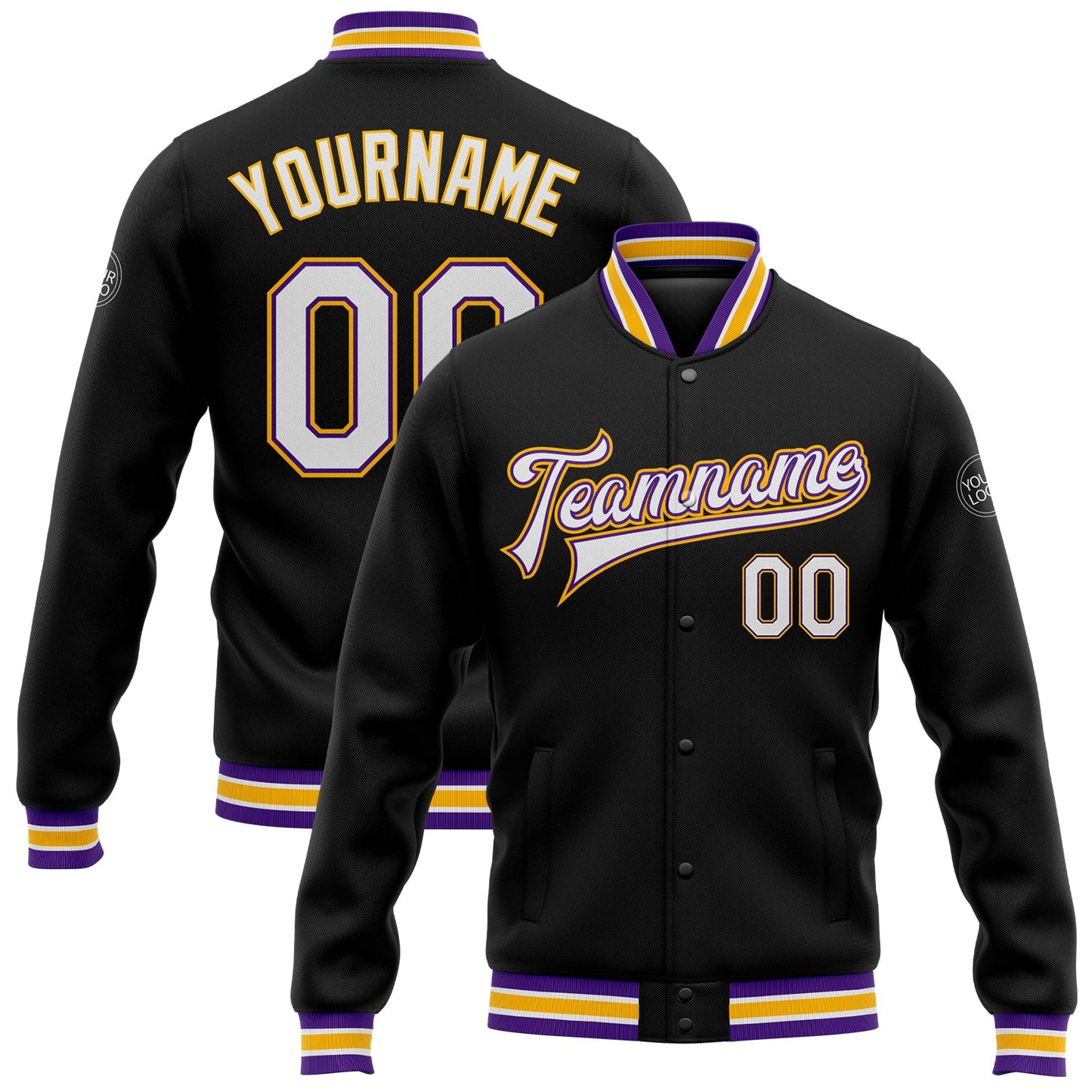 Custom Black White Purple-Gold Bomber Full-Snap Varsity Letterman Jacket - Main View