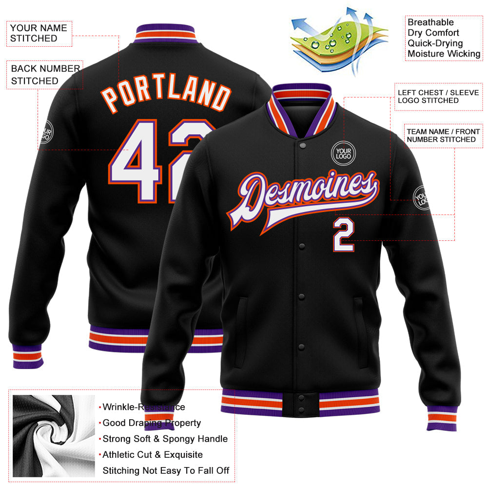 Custom Black White Purple-Orange Bomber Full-Snap Varsity Letterman Jacket view 5