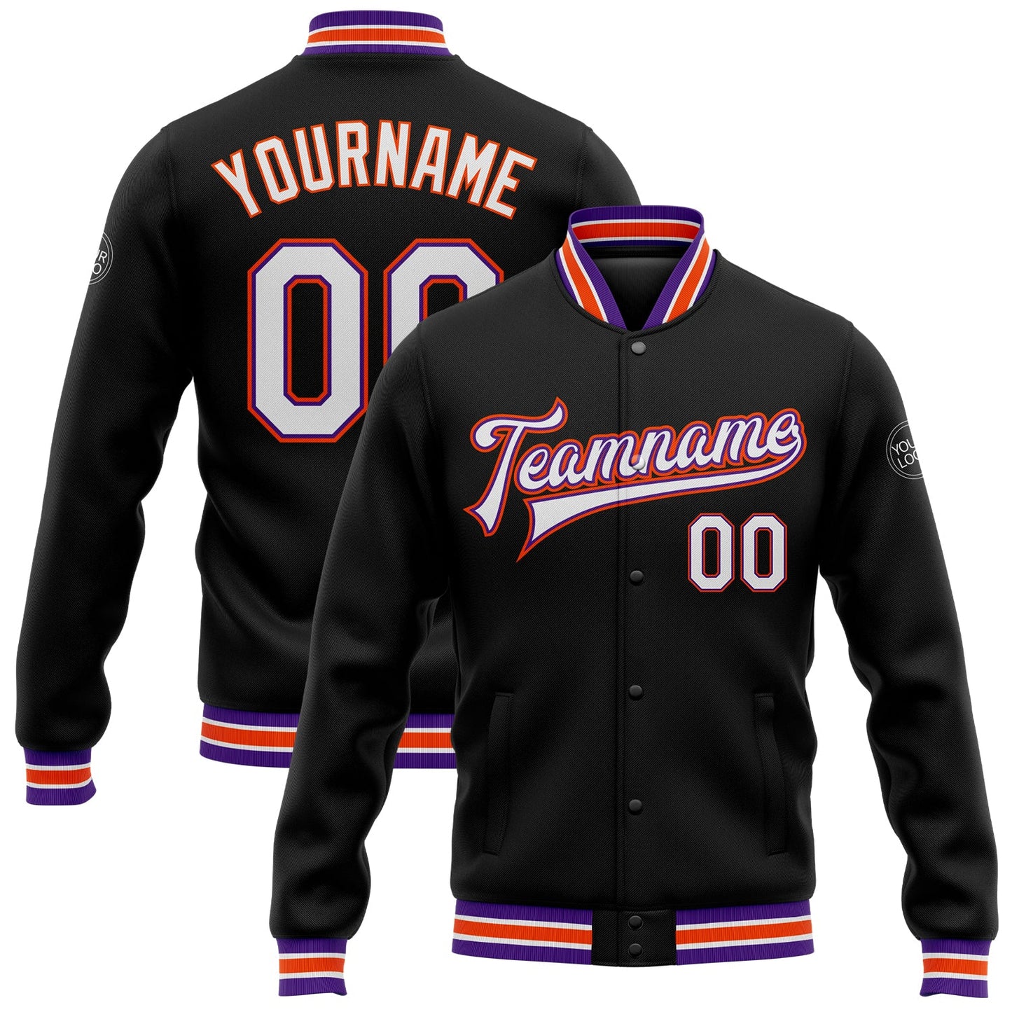 Custom Black White Purple-Orange Bomber Full-Snap Varsity Letterman Jacket - Main View