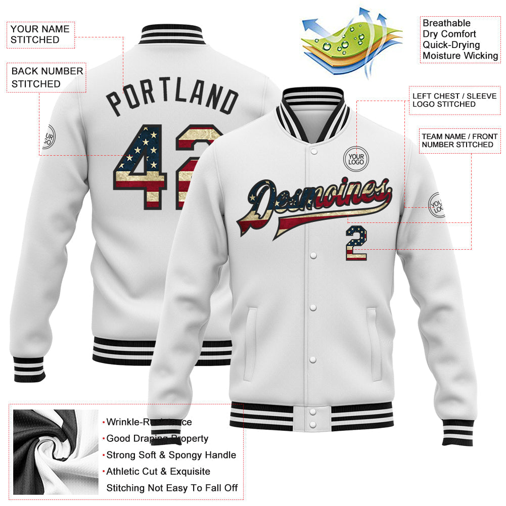 Custom White Vintage USA Flag-Black Bomber Full-Snap Varsity Letterman Jacket view 5