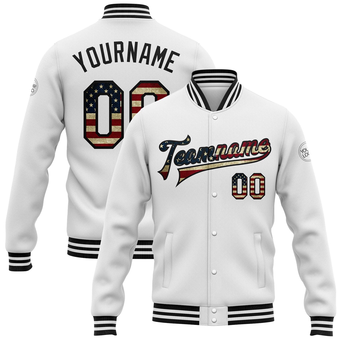 Custom White Vintage USA Flag-Black Bomber Full-Snap Varsity Letterman Jacket - Main View