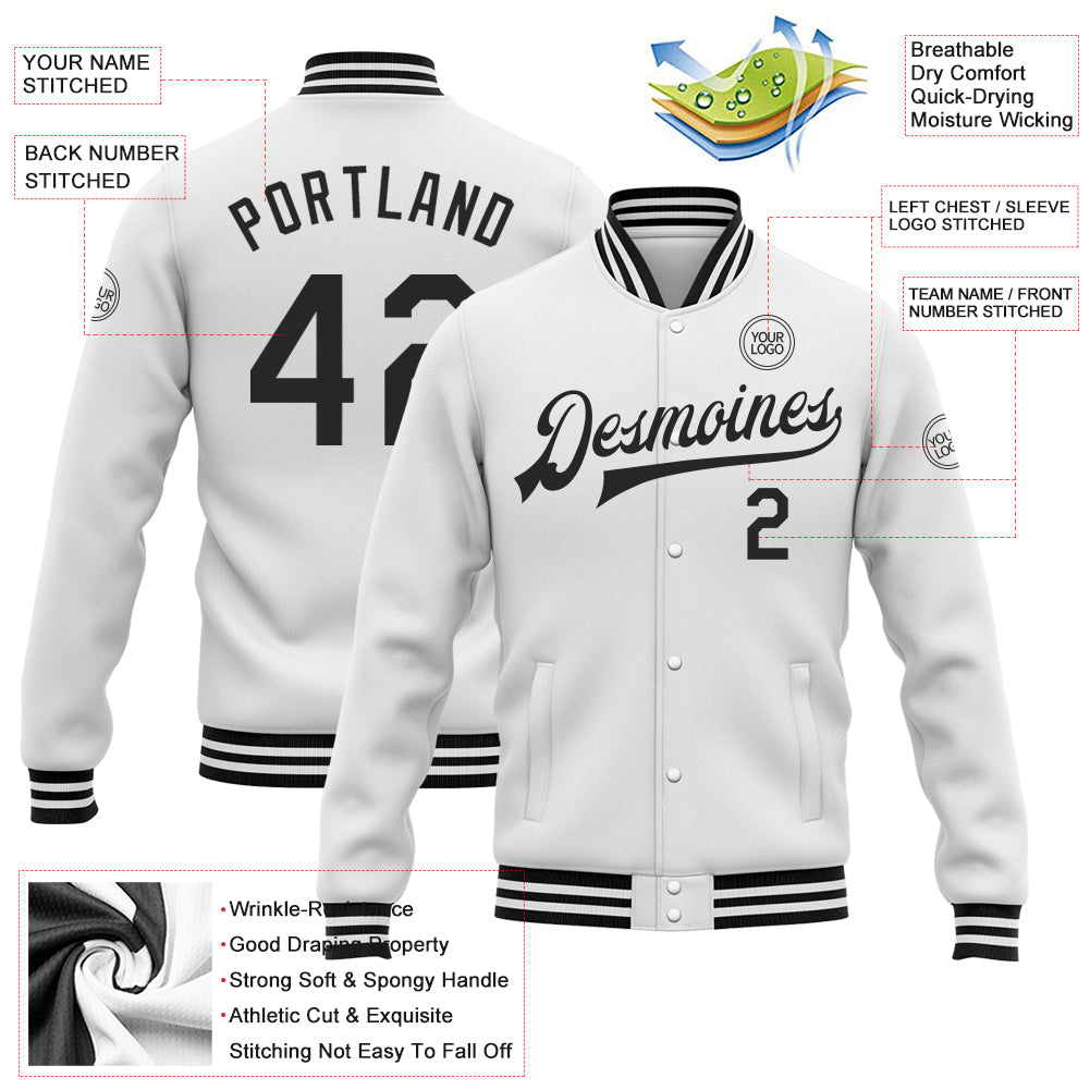 Custom White Black Bomber Full-Snap Varsity Letterman Jacket view 5