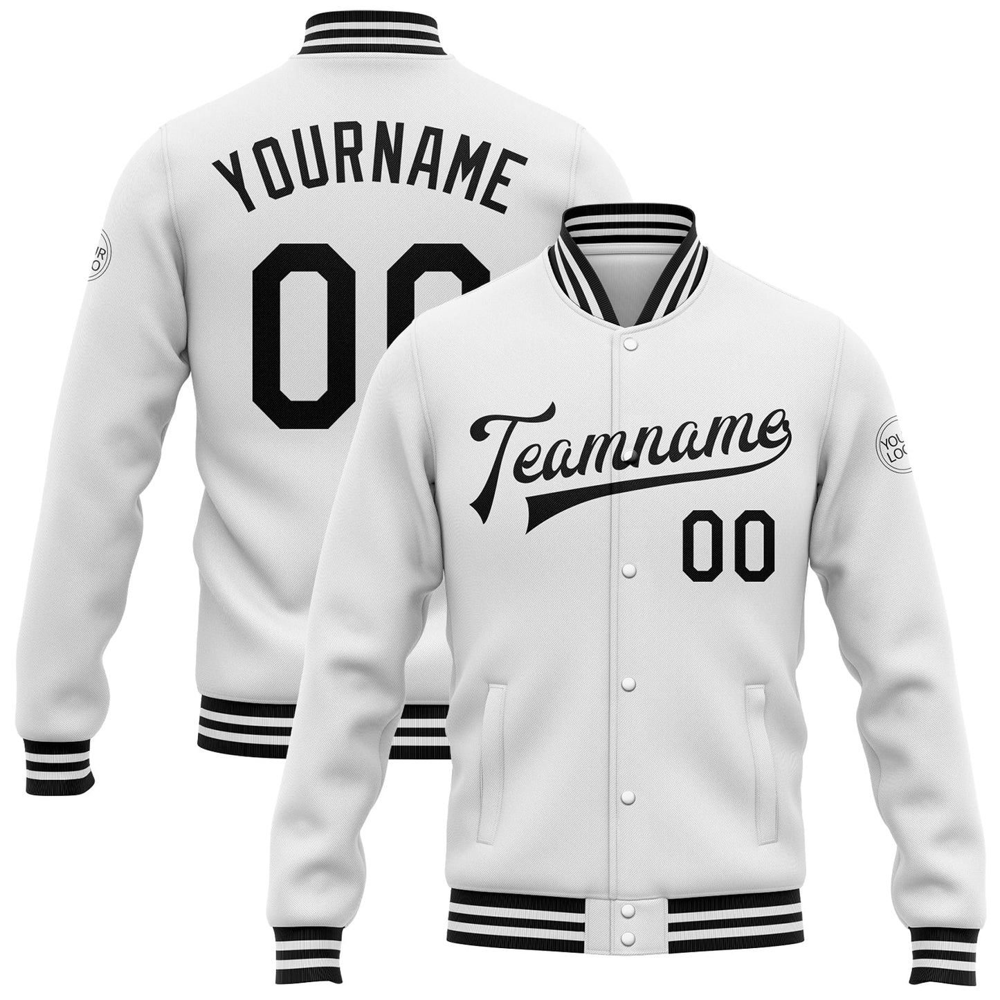 Custom White Black Bomber Full-Snap Varsity Letterman Jacket - Main View