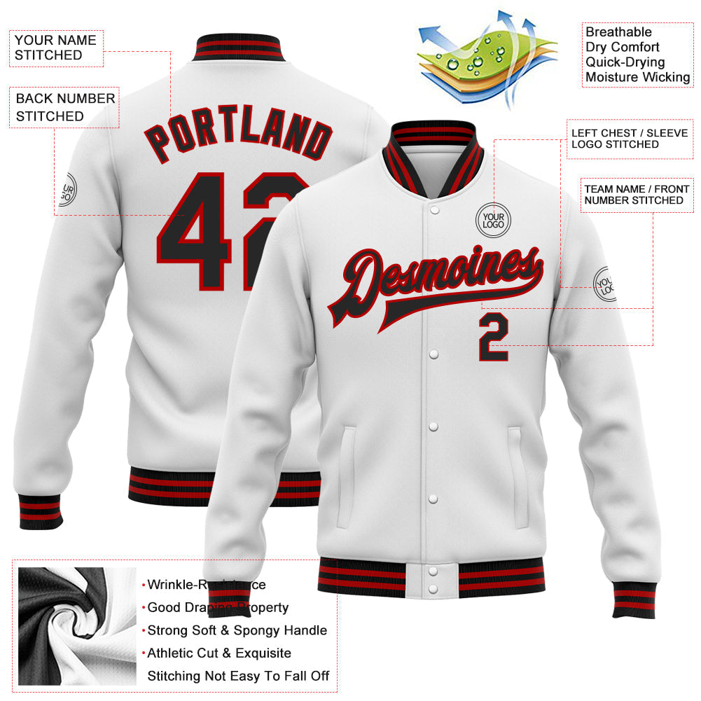 Custom White Black-Red Bomber Full-Snap Varsity Letterman Jacket view 5