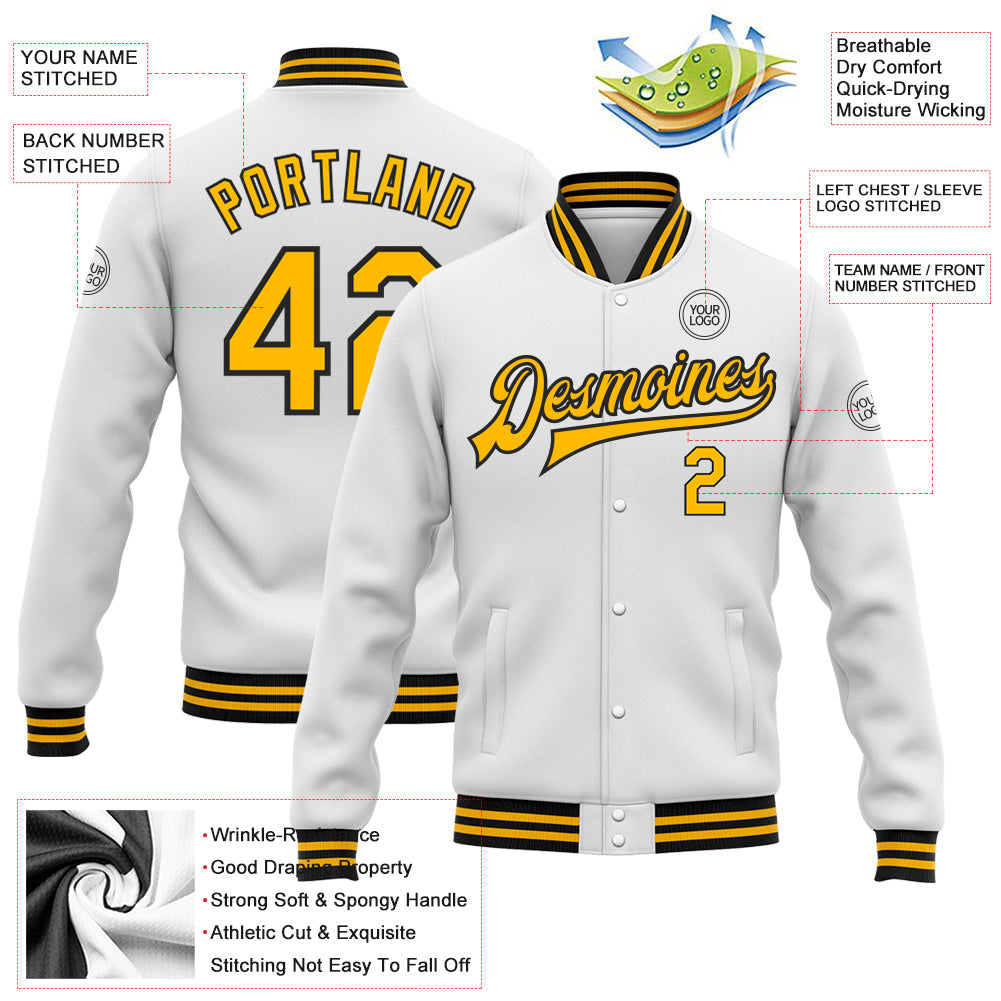 Custom White Gold-Black Bomber Full-Snap Varsity Letterman Jacket view 5