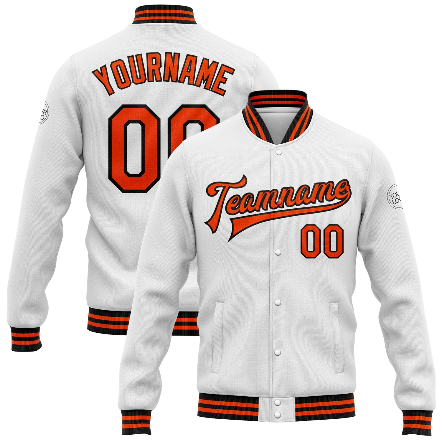 Custom White Orange-Black Bomber Full-Snap Varsity Letterman Jacket - Main View