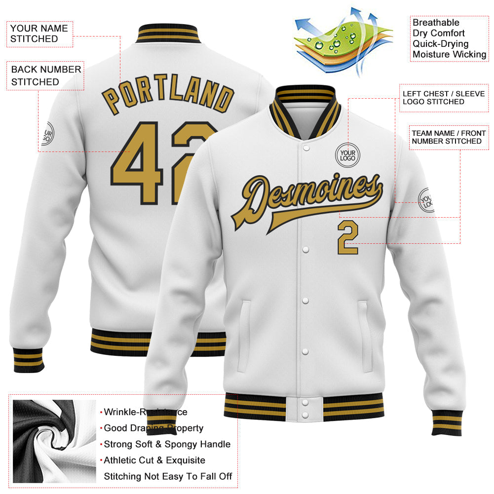 Custom White Old Gold-Black Bomber Full-Snap Varsity Letterman Jacket view 5