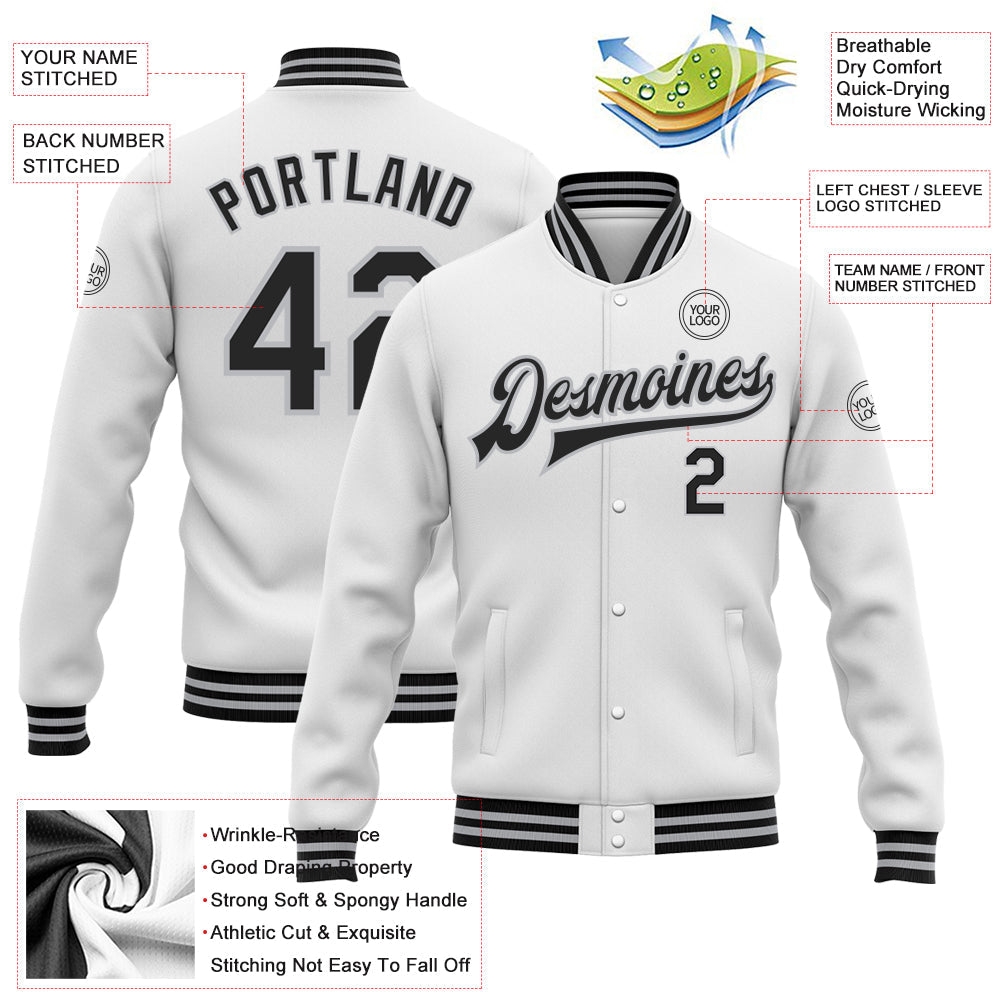 Custom White Black-Gray Bomber Full-Snap Varsity Letterman Jacket view 5