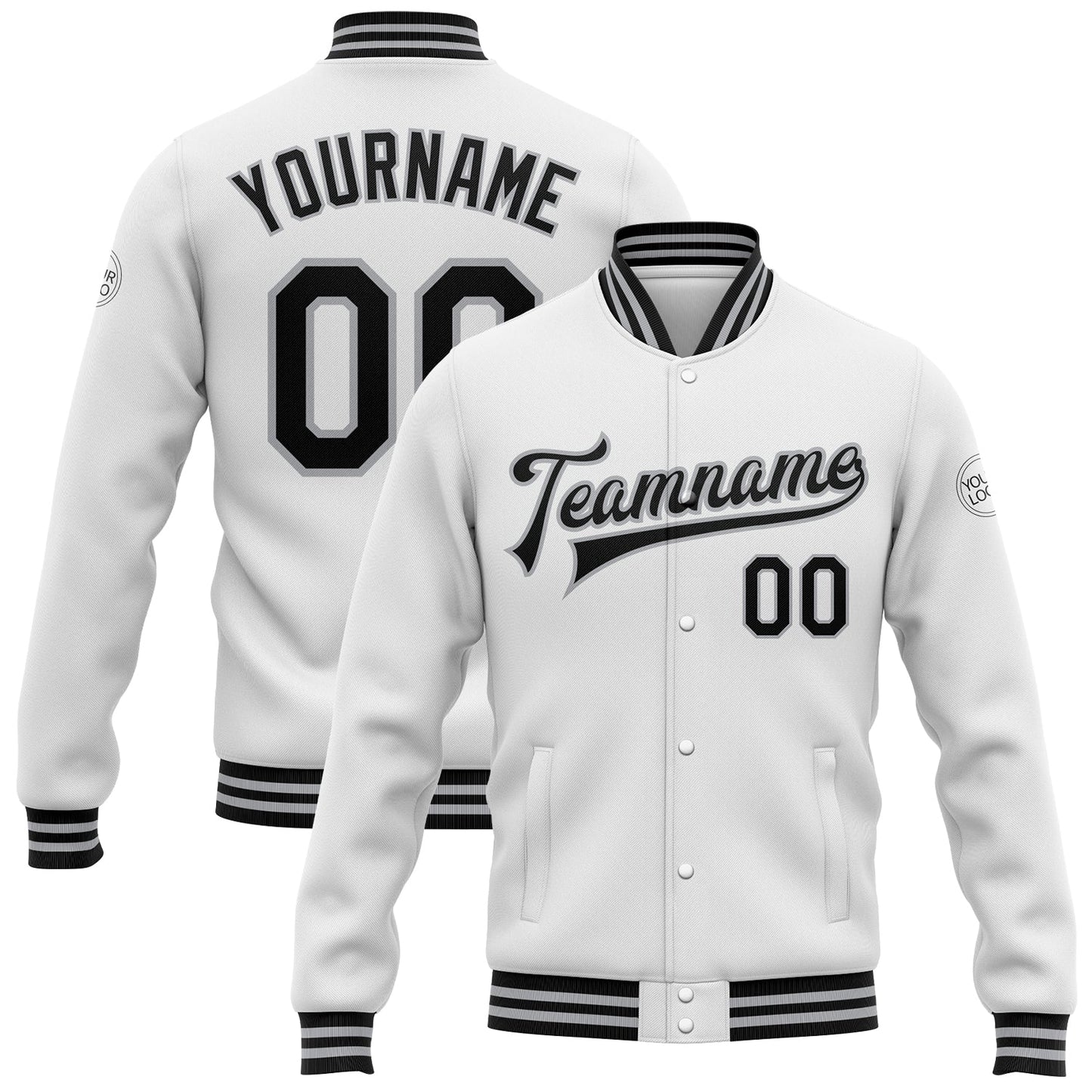 Custom White Black-Gray Bomber Full-Snap Varsity Letterman Jacket - Main View