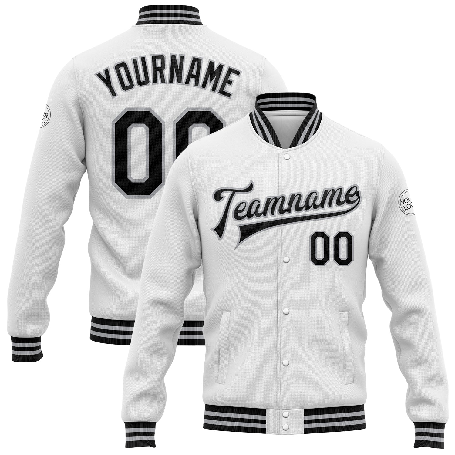 Custom White Black-Gray Bomber Full-Snap Varsity Letterman Jacket - Main View