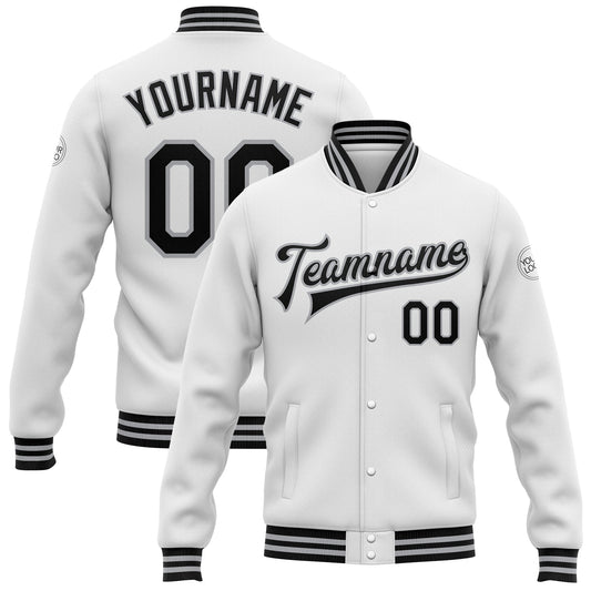 Custom White Black-Gray Bomber Full-Snap Varsity Letterman Jacket - Main View